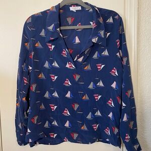 Equipment Femme Silk Blouse Blue Sailboat Print Collared Long Sleeve Top‎